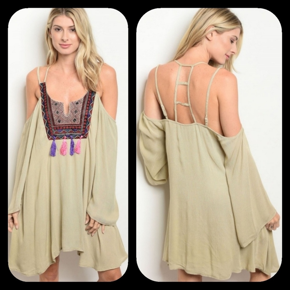 Boho Beachy Babe Festival Vibes Off Shoulder Embroidered Tassel Tunic Mini Dress
